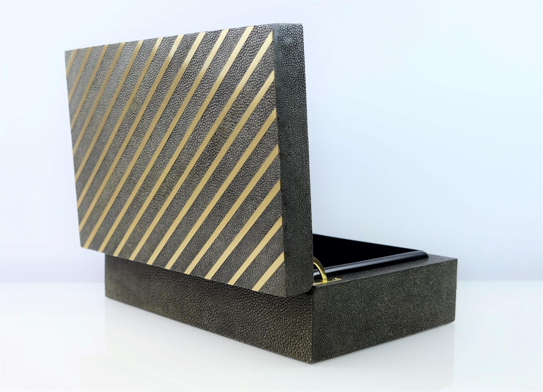 Contemporary Rectangular Shagreen Box with Brass Trims by Ginger Brown For Sale