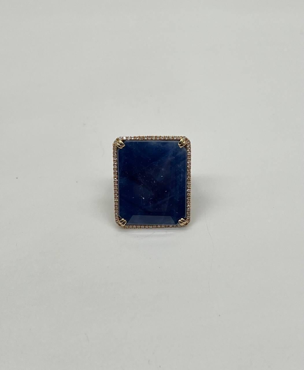Bague halo en or 14 carats avec saphir bleu facetté cabochon de forme rectangulaire Pour femmes en vente