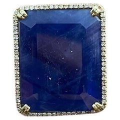 Rectangular Shape Blue Sapphire Faceted Cabochon Slice 14kGold Diamond Halo Ring