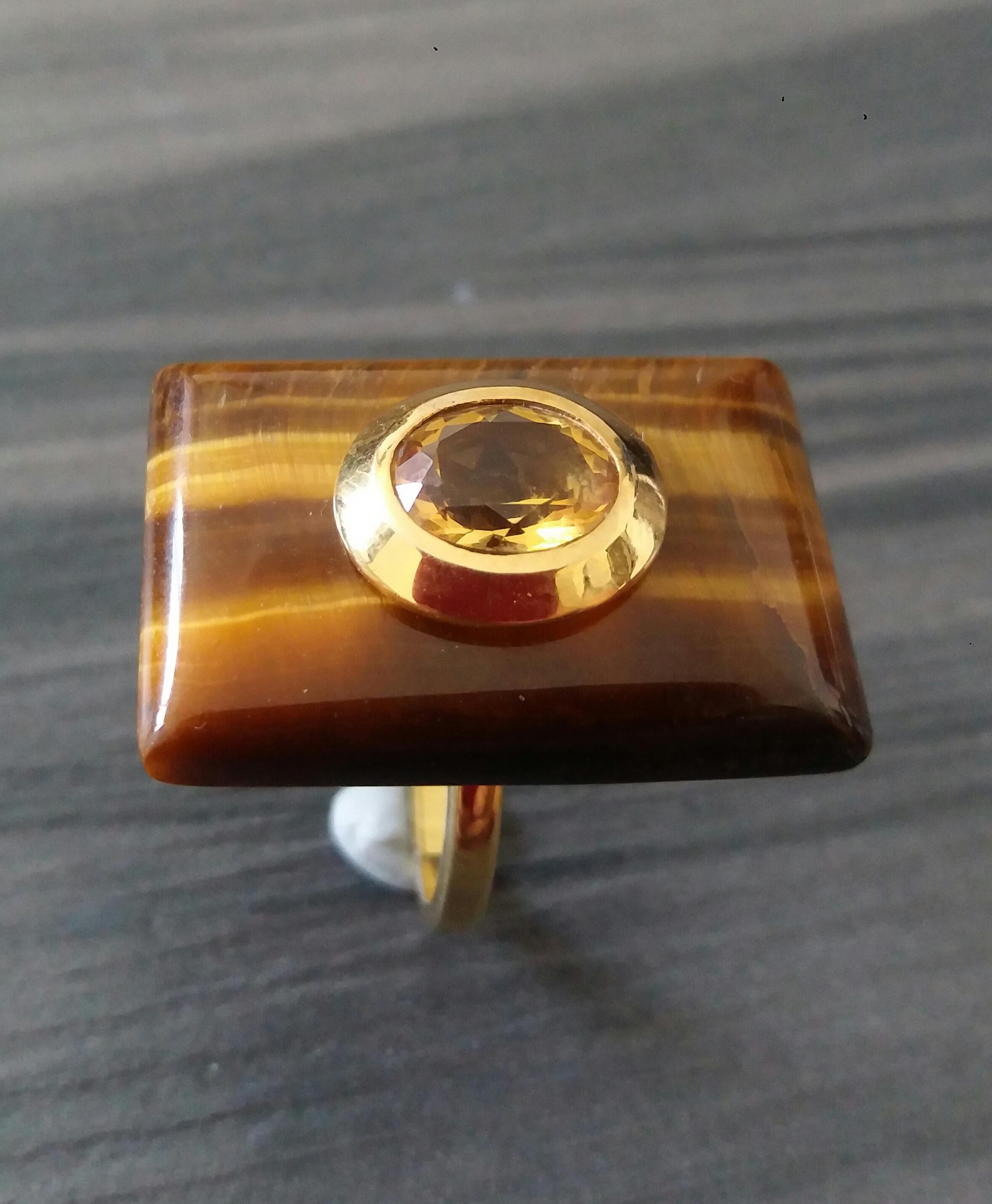 Mixed Cut Rectangular Shape Tiger Eye Faceted Oval Yellow Citrine 14 Kt Gold Cocktail Ring For Sale