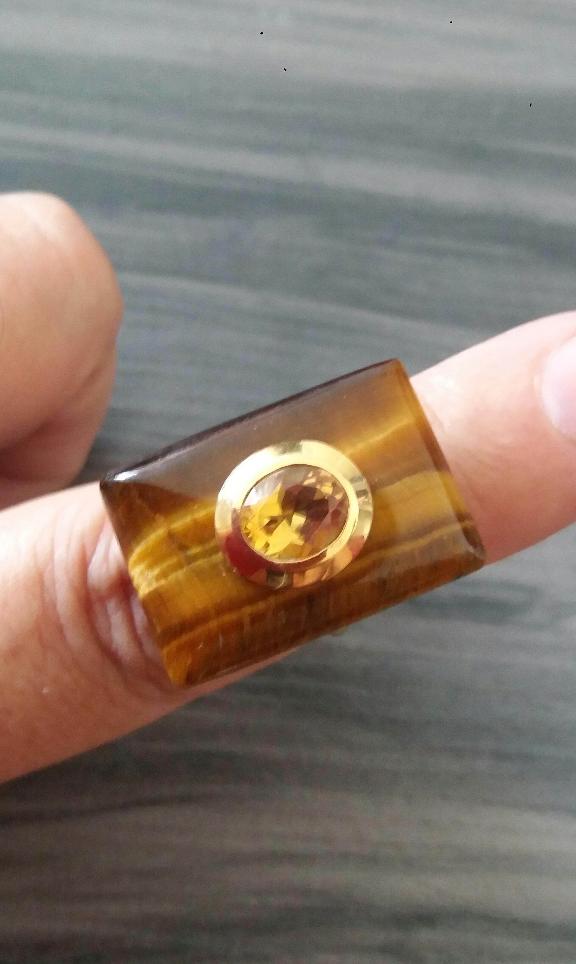 Rectangular Shape Tiger Eye Faceted Oval Yellow Citrine 14 Kt Gold Cocktail Ring For Sale 1