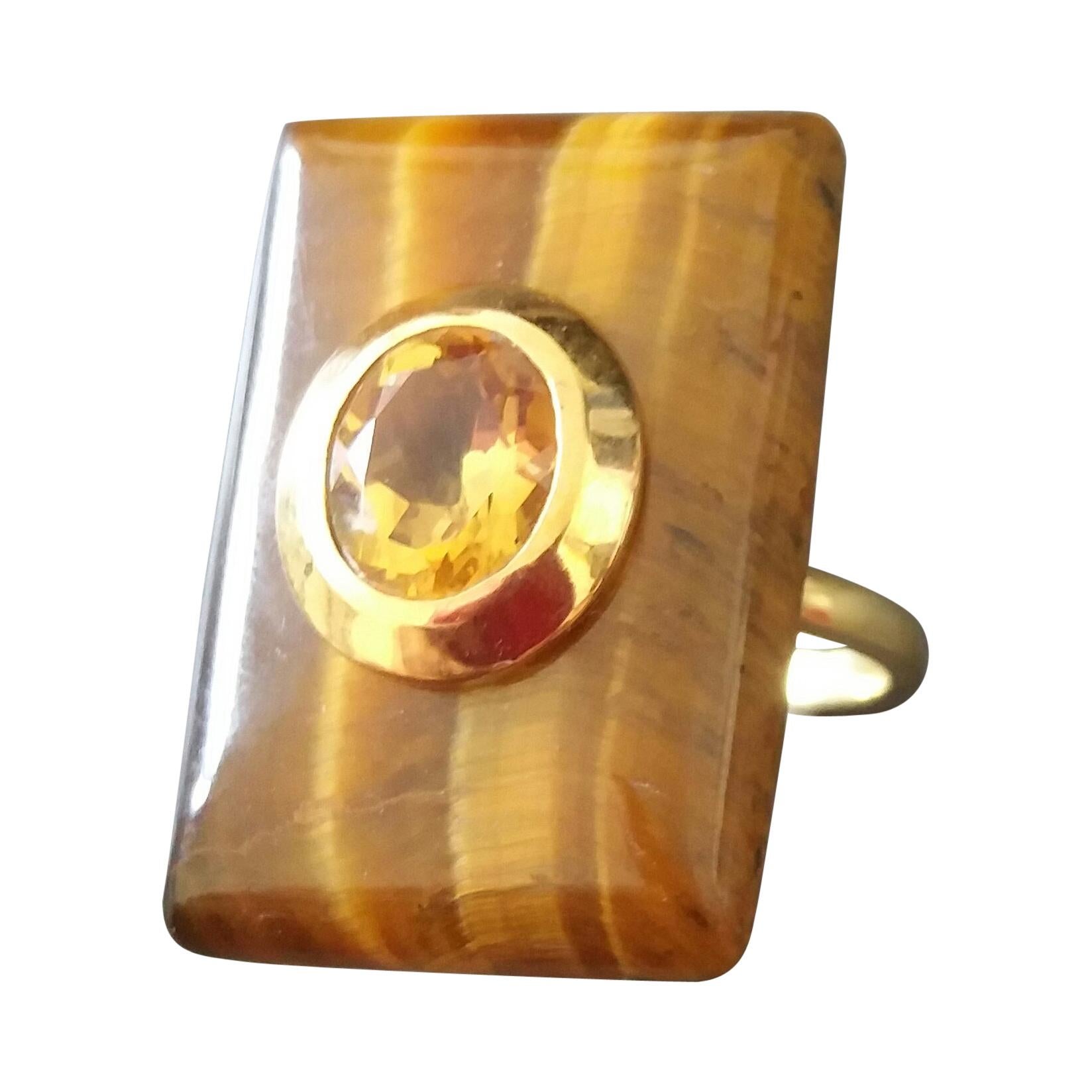 Rectangular Shape Tiger Eye Faceted Oval Yellow Citrine 14 Kt Gold Cocktail Ring