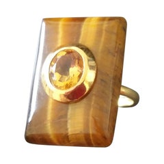 Rectangular Shape Tiger Eye Faceted Oval Yellow Citrine 14 Kt Gold Cocktail Ring