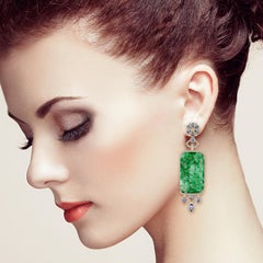 Rectangular Shaped Carved Jade Dangle Earrings With Tanzanite & Diamonds