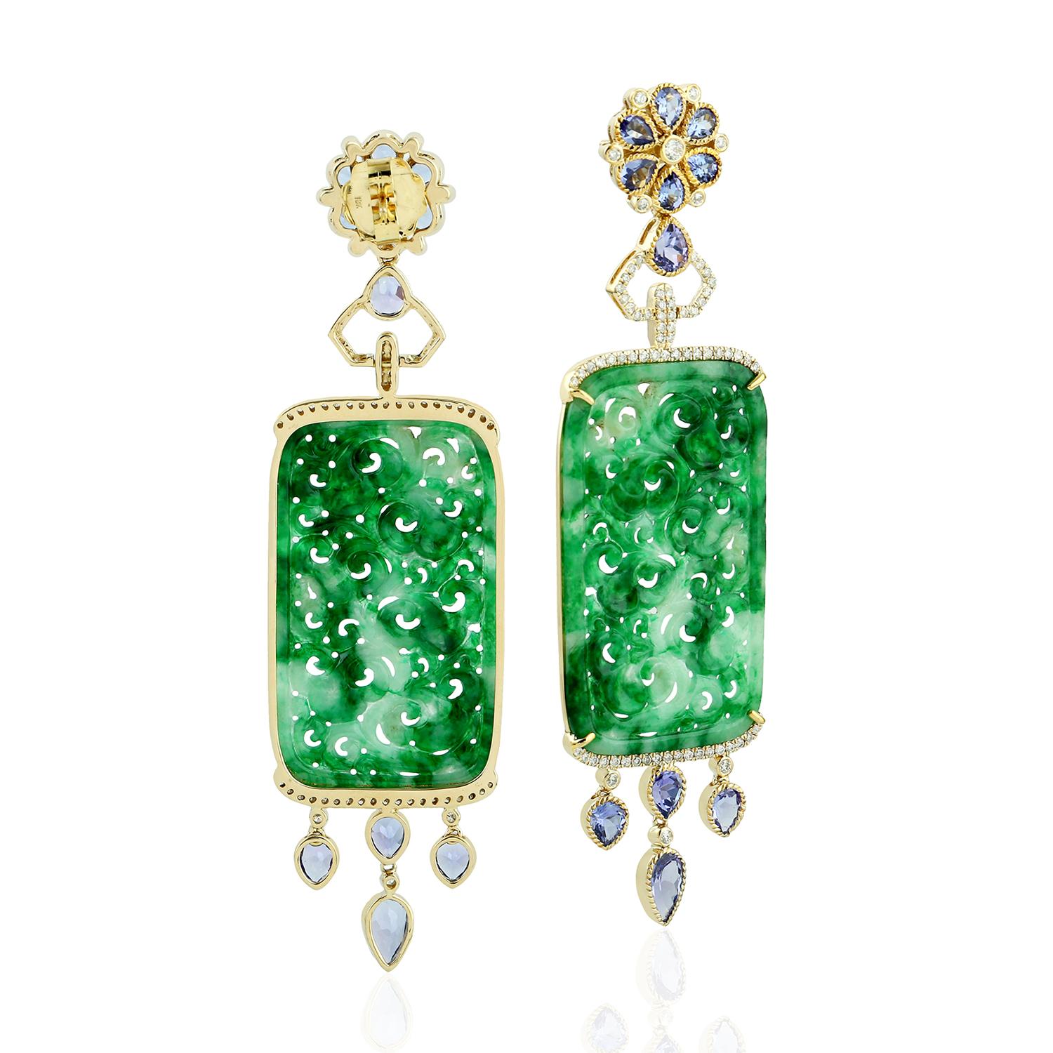 Art Deco Rectangular Shaped Carved Jade Dangle Earrings With Tanzanite & Diamonds For Sale