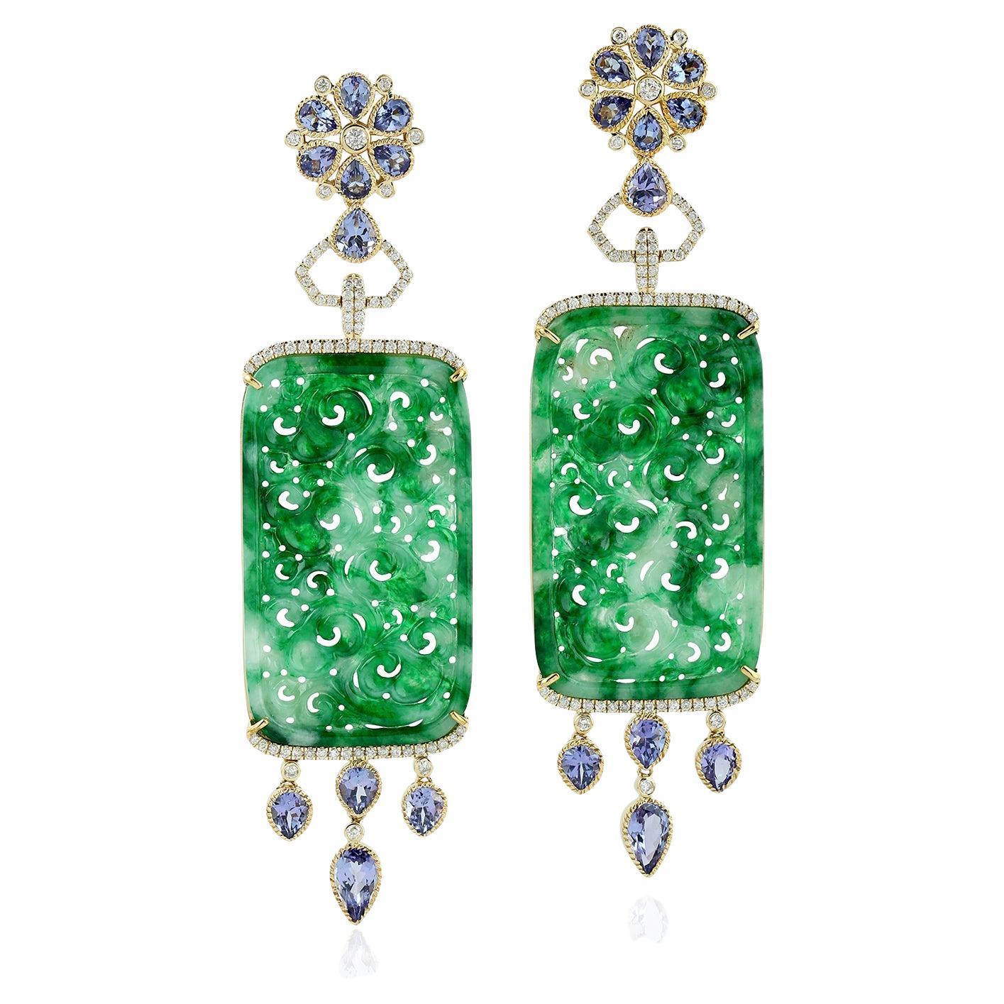 Rectangular Shaped Carved Jade Dangle Earrings With Tanzanite & Diamonds