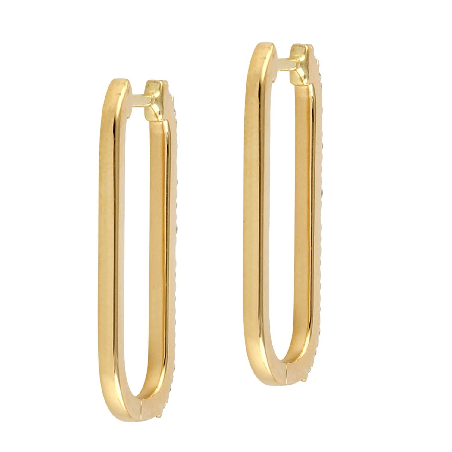 Artisan Rectangular Shaped Pave Diamond Hoop Earrings Made In 14K Yellow Gold For Sale