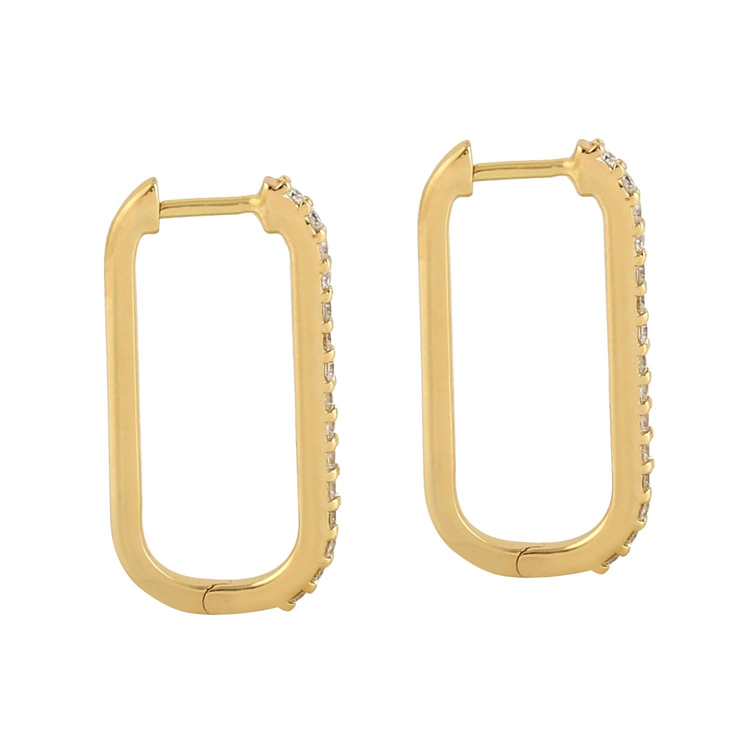 Mixed Cut Rectangular Shaped Pave Diamond Hoop Earrings Made In 14K Yellow Gold For Sale