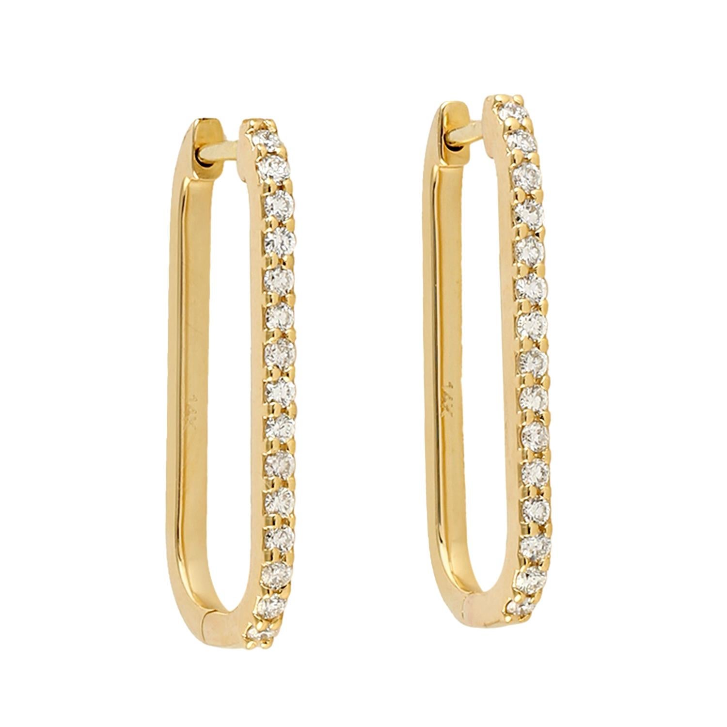 Rectangular Shaped Pave Diamond Hoop Earrings Made In 14K Yellow Gold In New Condition For Sale In New York, NY