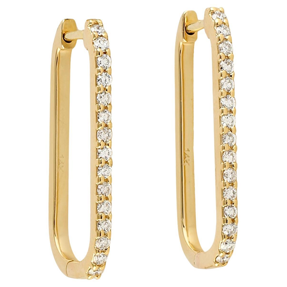 Rectangular Shaped Pave Diamond Hoop Earrings Made In 14K Yellow Gold For Sale