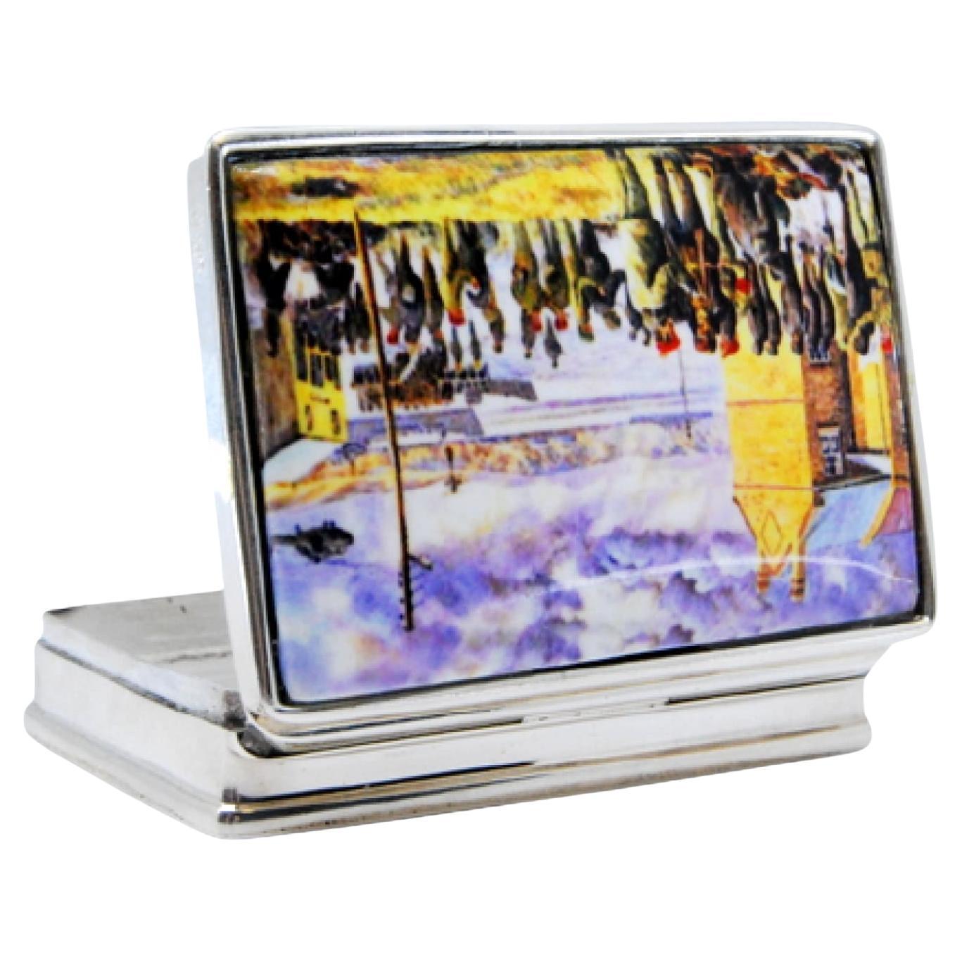 Rectangular silver pill box with marine life motifs