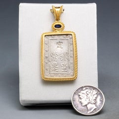 Rectangular Silver Samurai Coin Kyanite 18K Gold Pendant