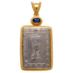 Rectangular Silver Samurai Coin Kyanite 18K Gold Pendant