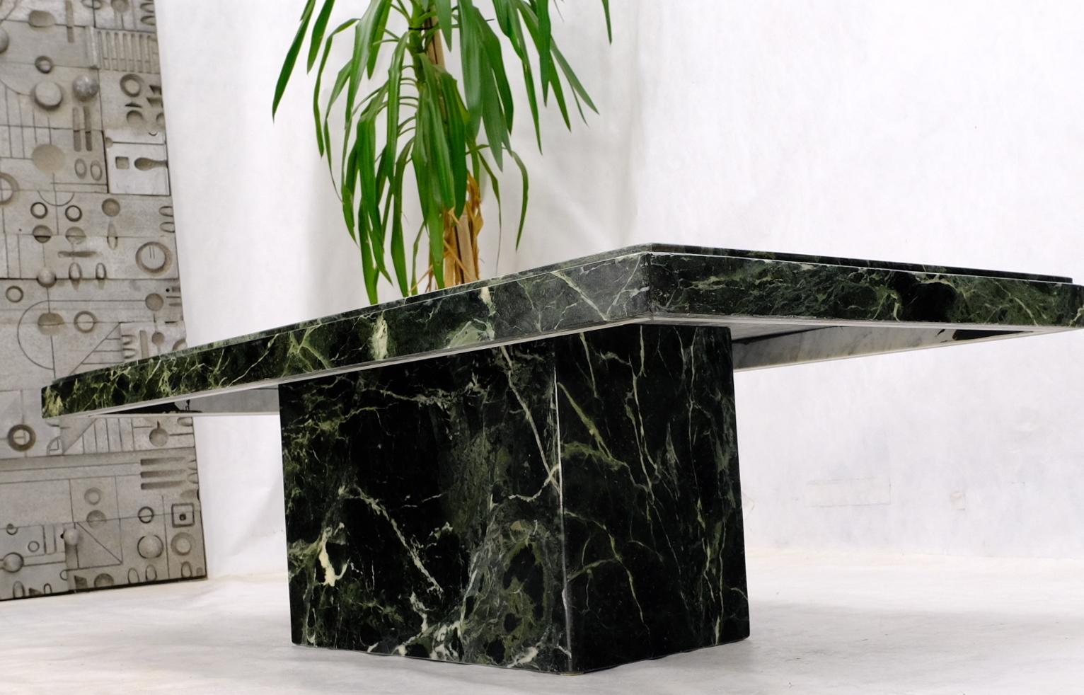 Mid-Century Modern Rectangular Single Pedestal Base Dark Green to Black Marble Top Coffee Table