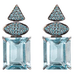 Rectangular Sky Topaz And Blue Diamond Pave Drop Earrings / 18k White Gold