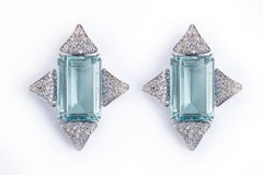 Rectangular Sky Topaz And Diamond Pave Pagoda Drop Earrings / 18k White Gold