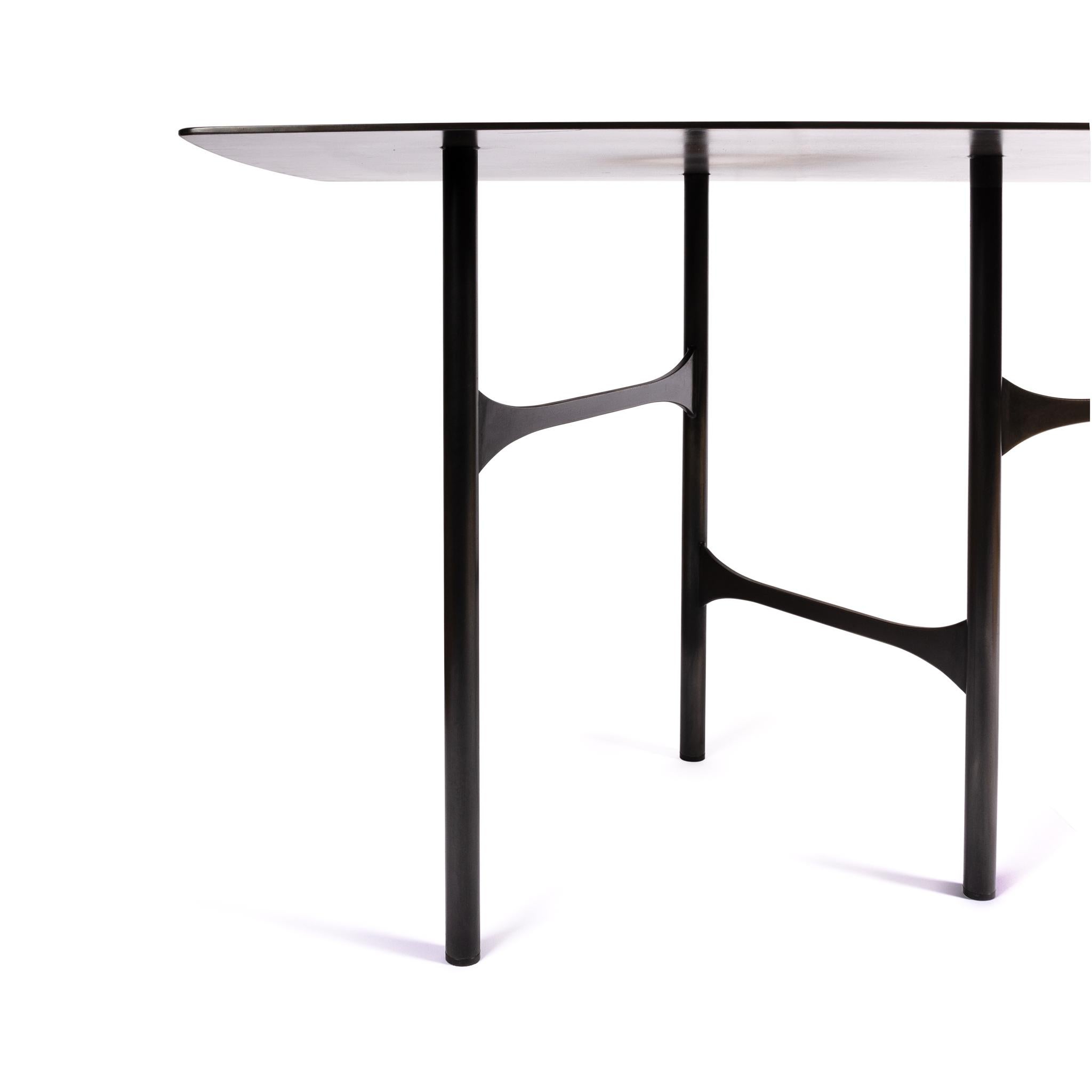 Rectangular Smooth Metal Cross Beam Table in Linear Blackened Finish In Stock In New Condition In Seattle, WA