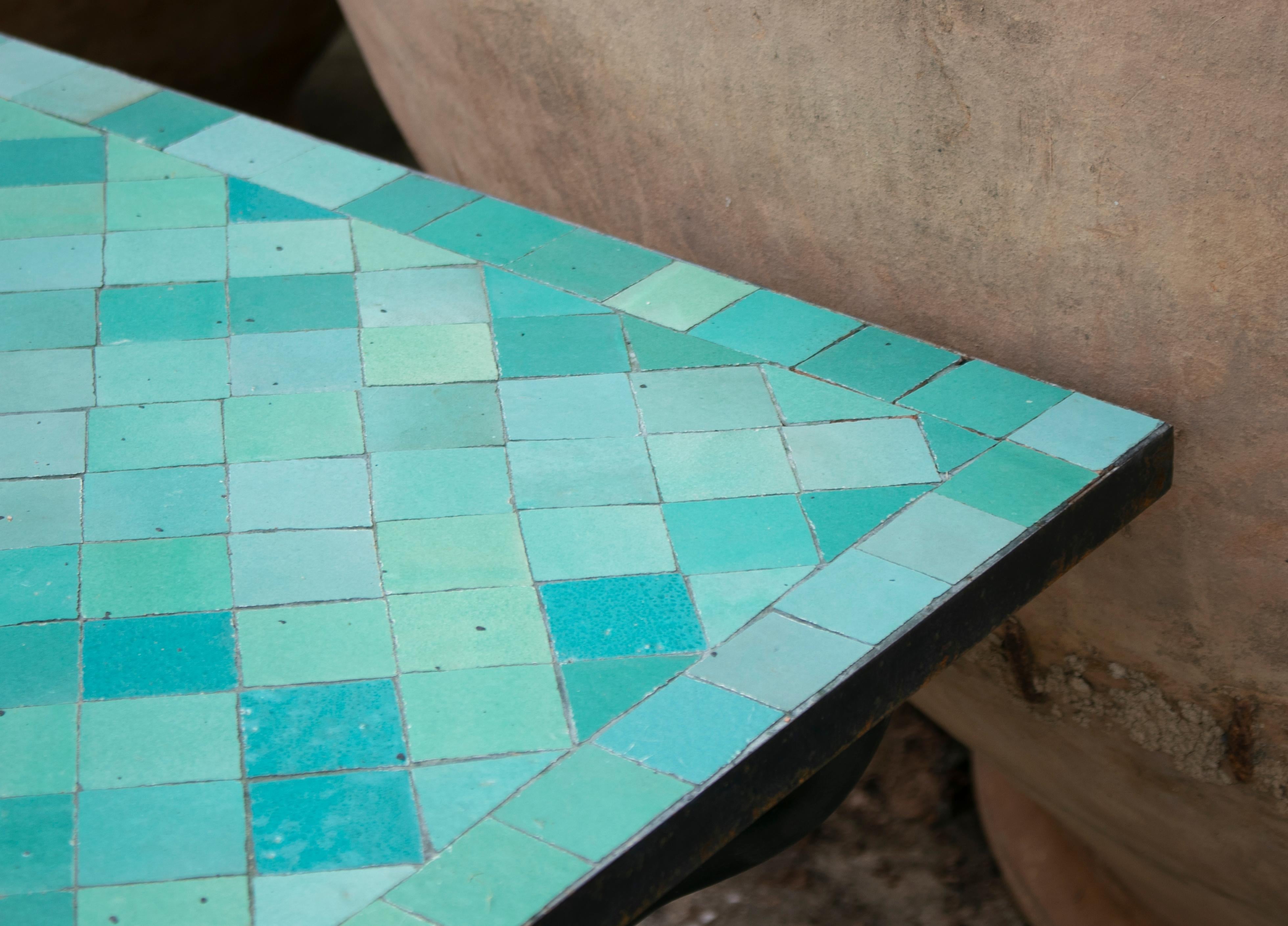 Rectangular Spanish Green Glazed Zellige Tiled Iron Outdoor Table 2
