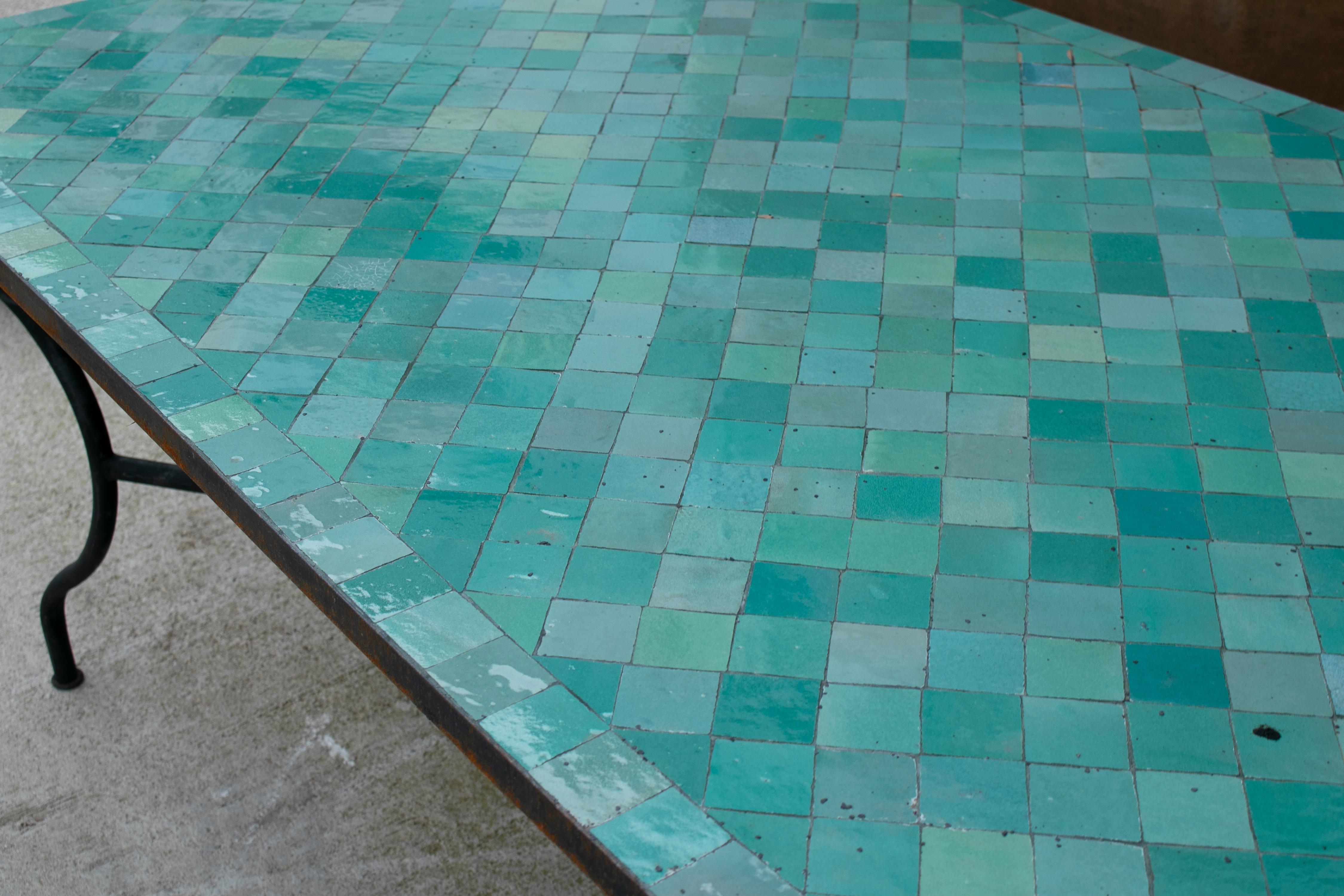Rectangular Spanish Green Glazed Zellige Tiled Iron Outdoor Table 4
