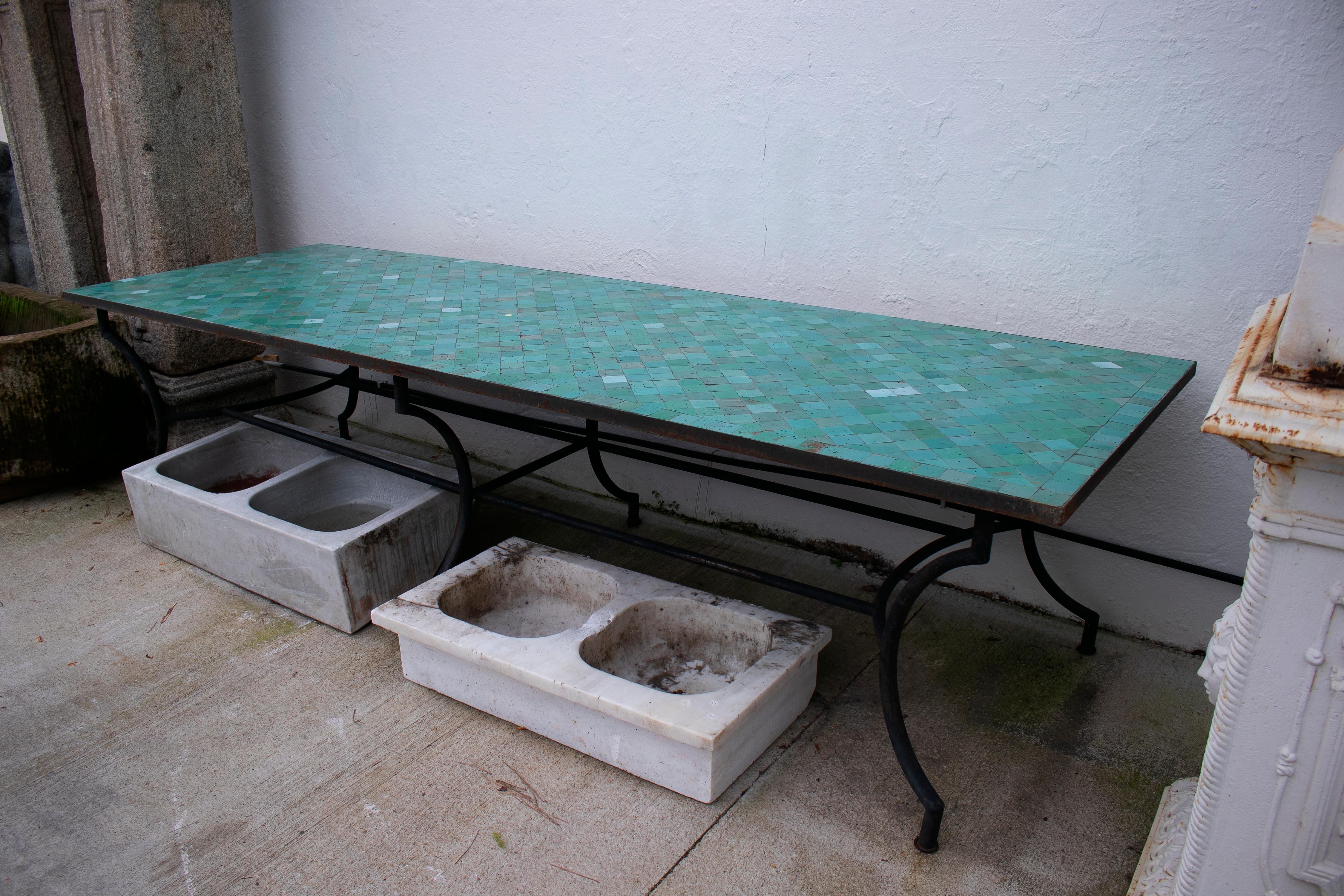 Rectangular Spanish Green Glazed Zellige Tiled Iron Outdoor Table 5