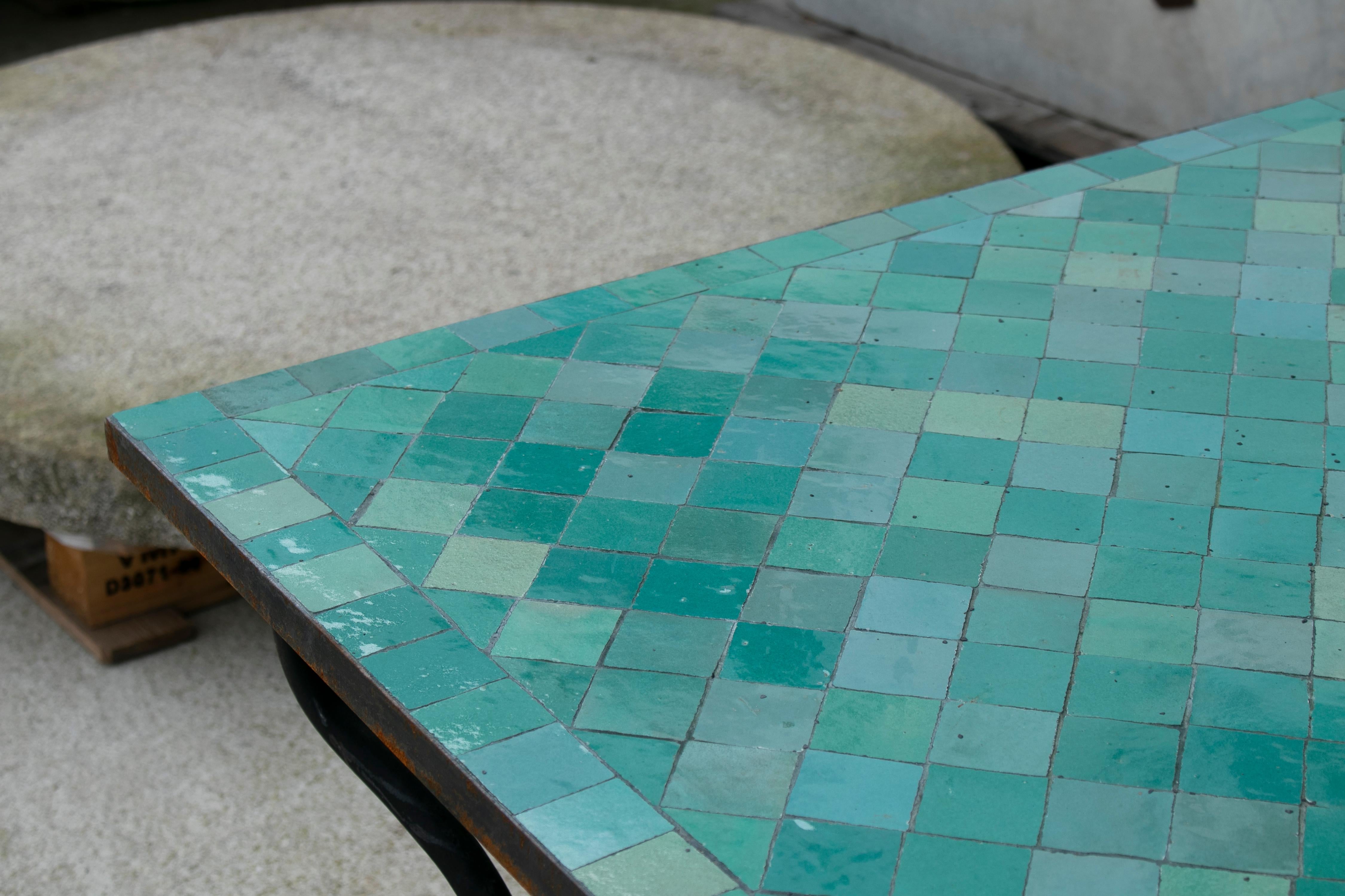 Rectangular Spanish Green Glazed Zellige Tiled Iron Outdoor Table 5