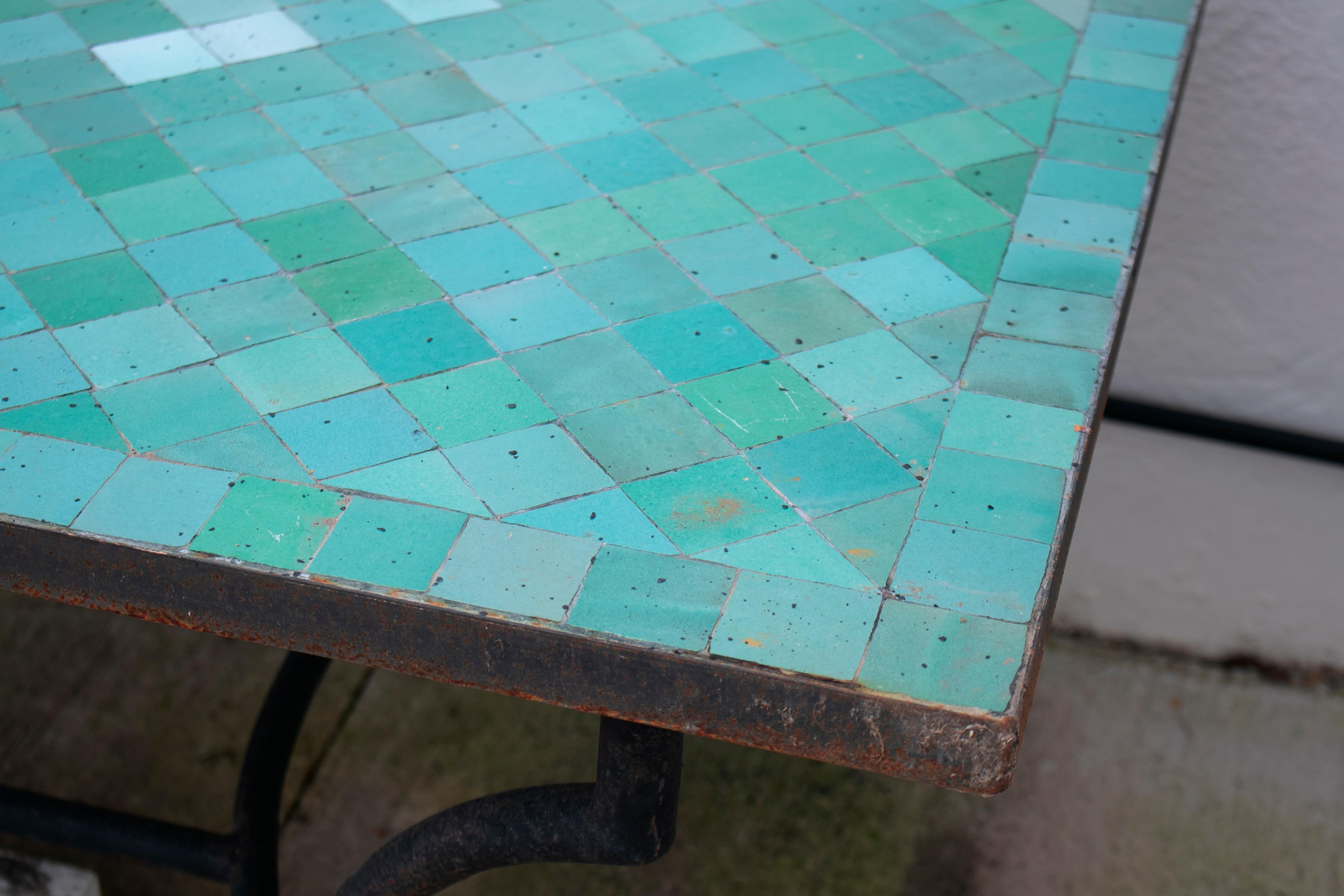 Rectangular Spanish Green Glazed Zellige Tiled Iron Outdoor Table 6