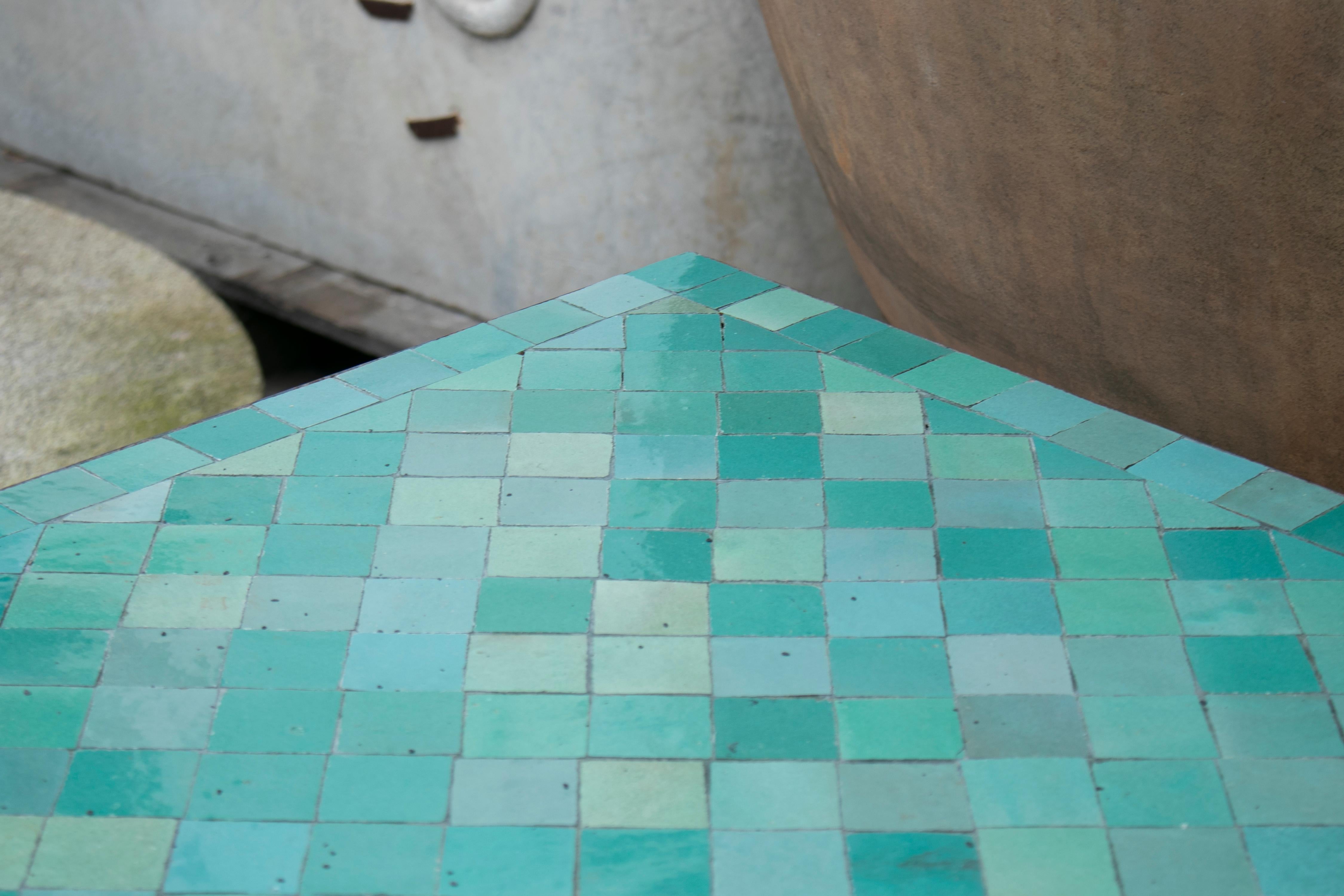 Rectangular Spanish Green Glazed Zellige Tiled Iron Outdoor Table 6