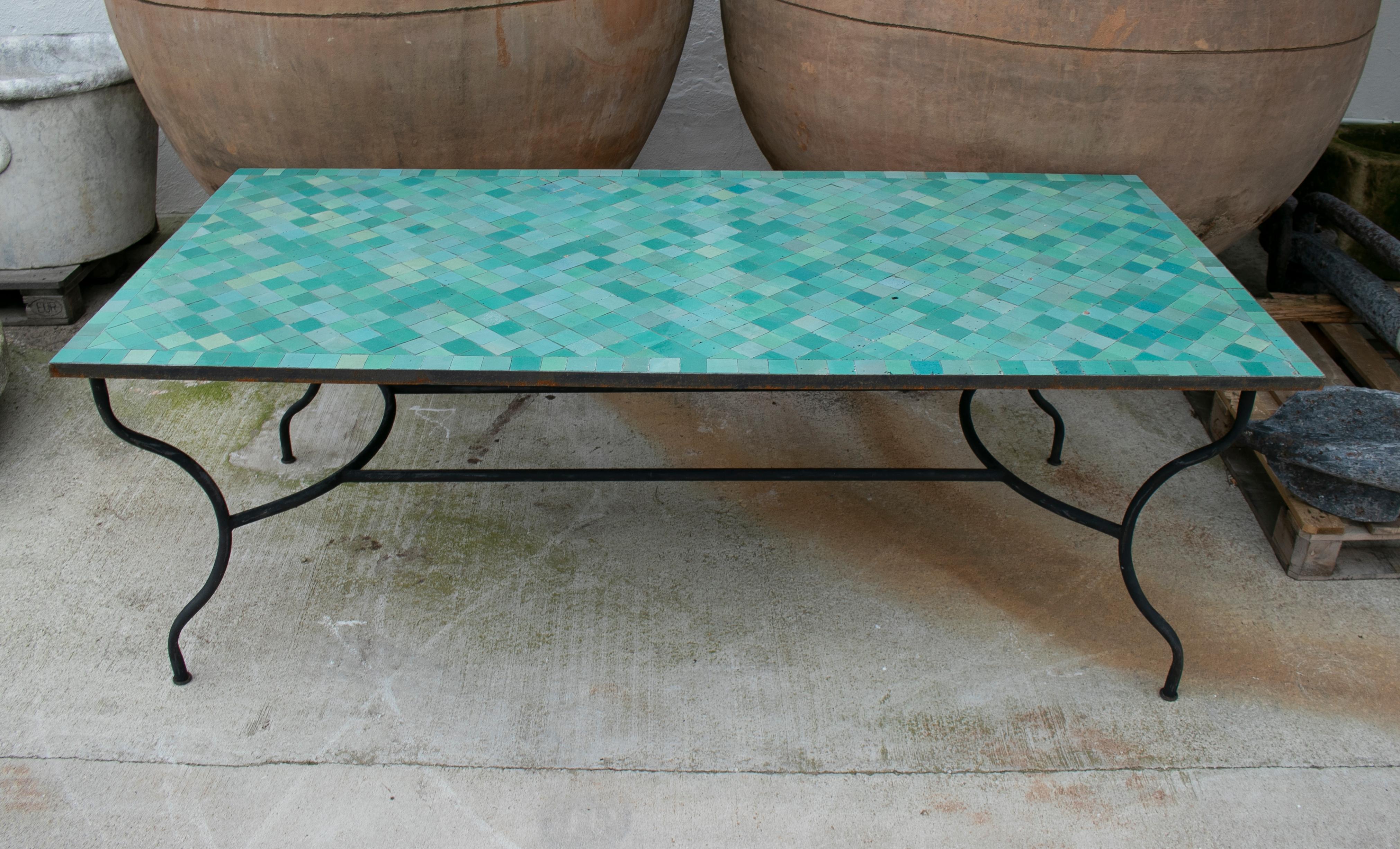 Contemporary Spanish green glazed Zellige tiled top rectangular outdoor table with iron base.