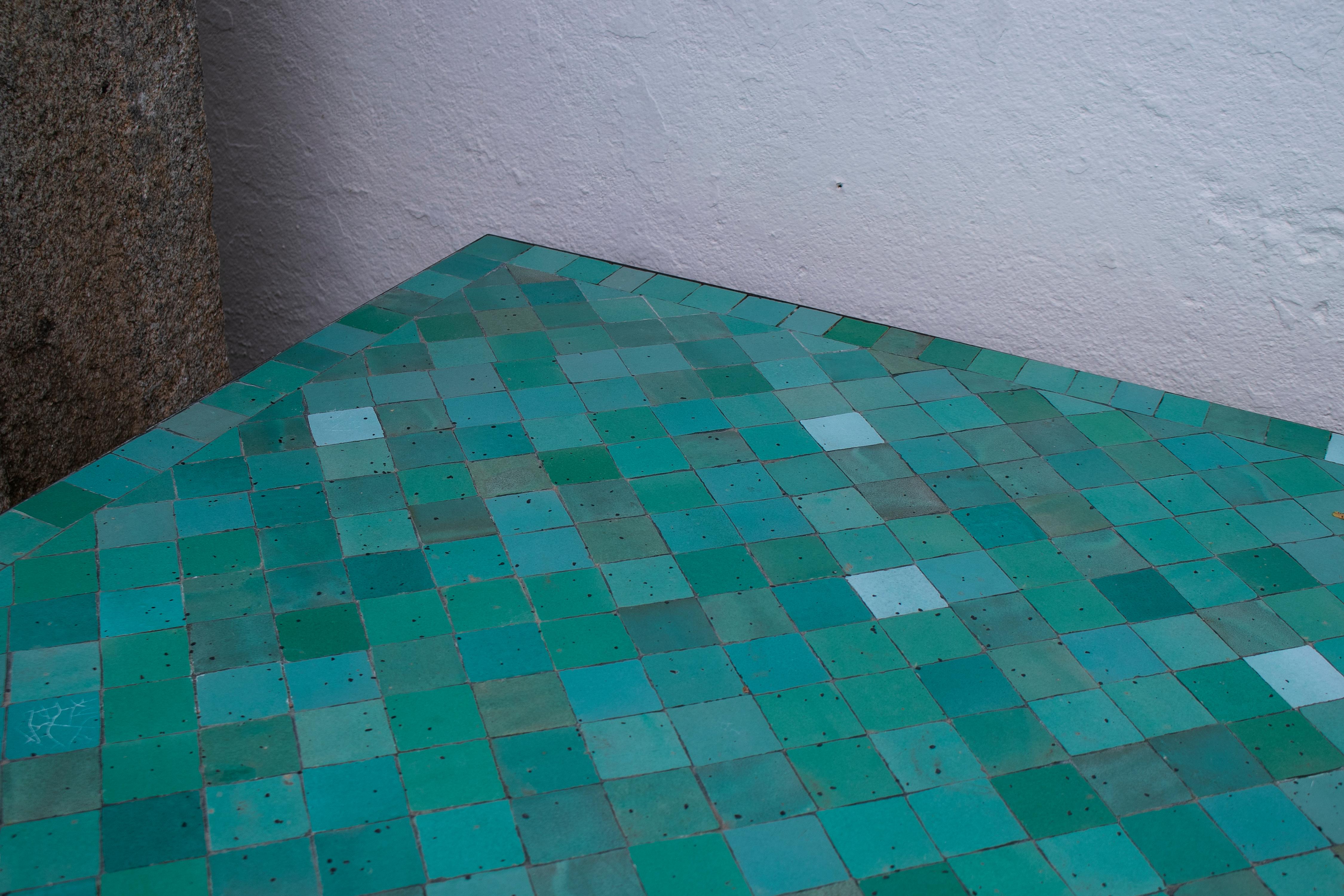 Rectangular Spanish Green Glazed Zellige Tiled Iron Outdoor Table In Good Condition In Marbella, ES