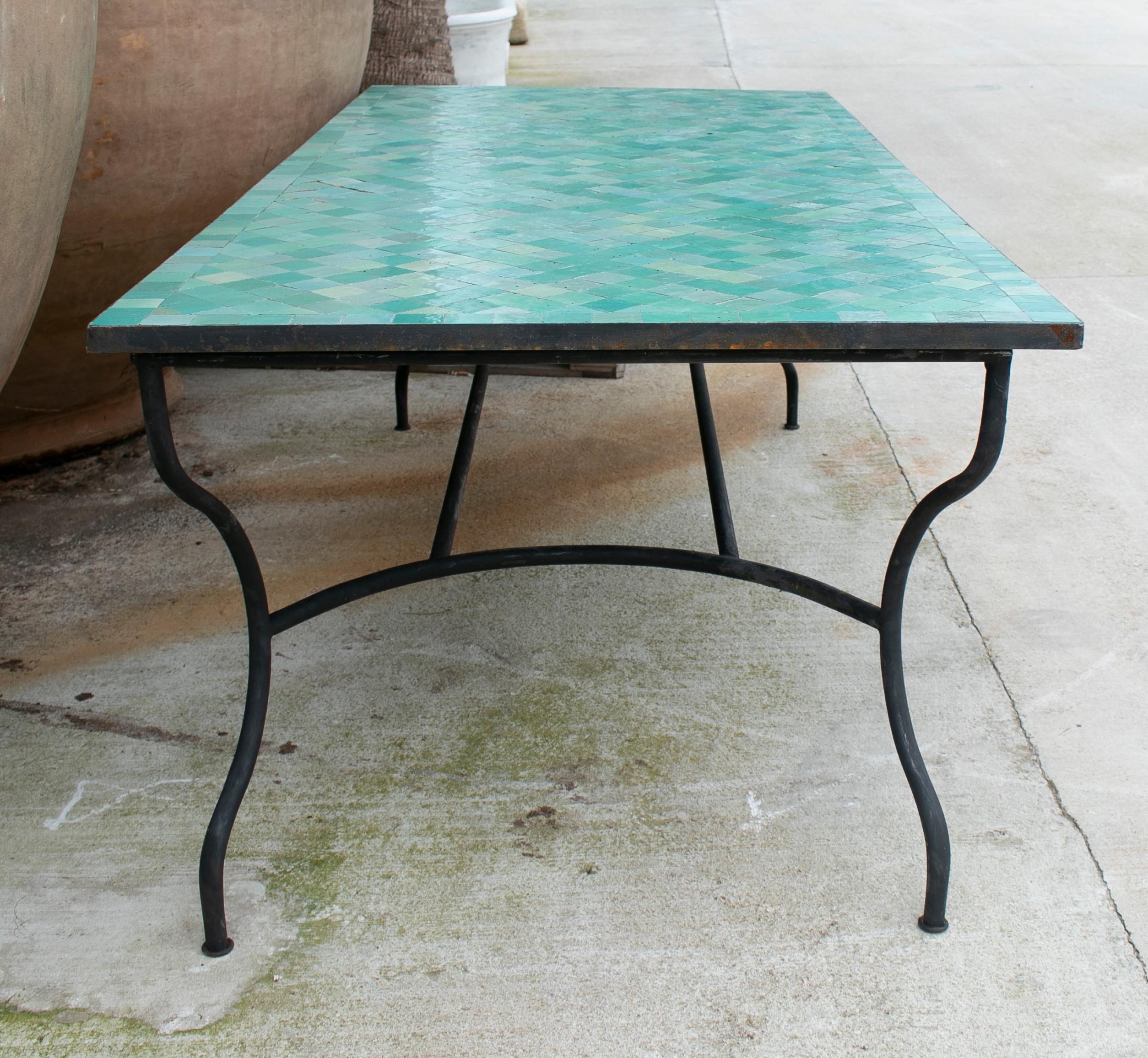 Rectangular Spanish Green Glazed Zellige Tiled Iron Outdoor Table In Good Condition In Marbella, ES