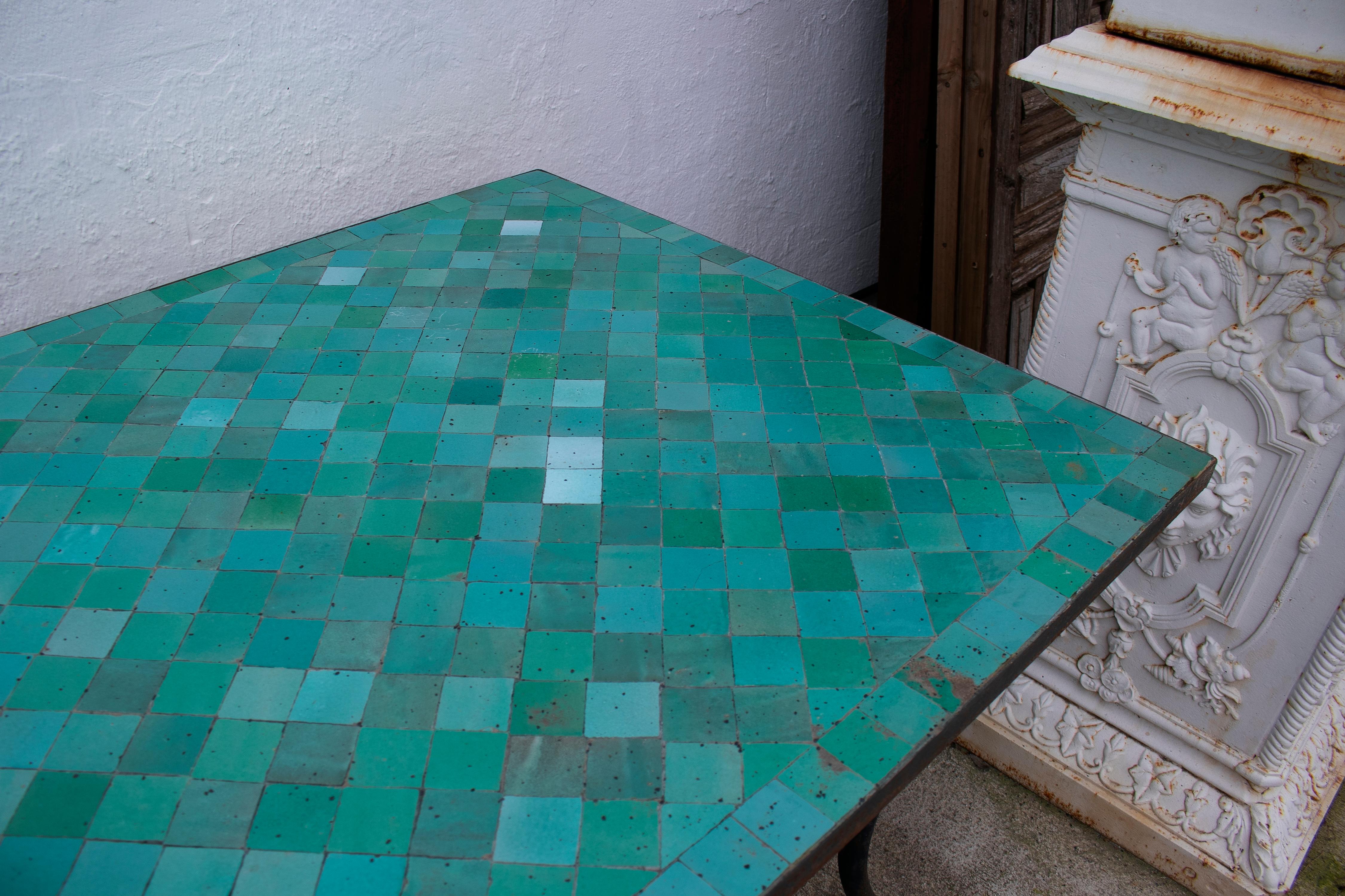 Contemporary Rectangular Spanish Green Glazed Zellige Tiled Iron Outdoor Table