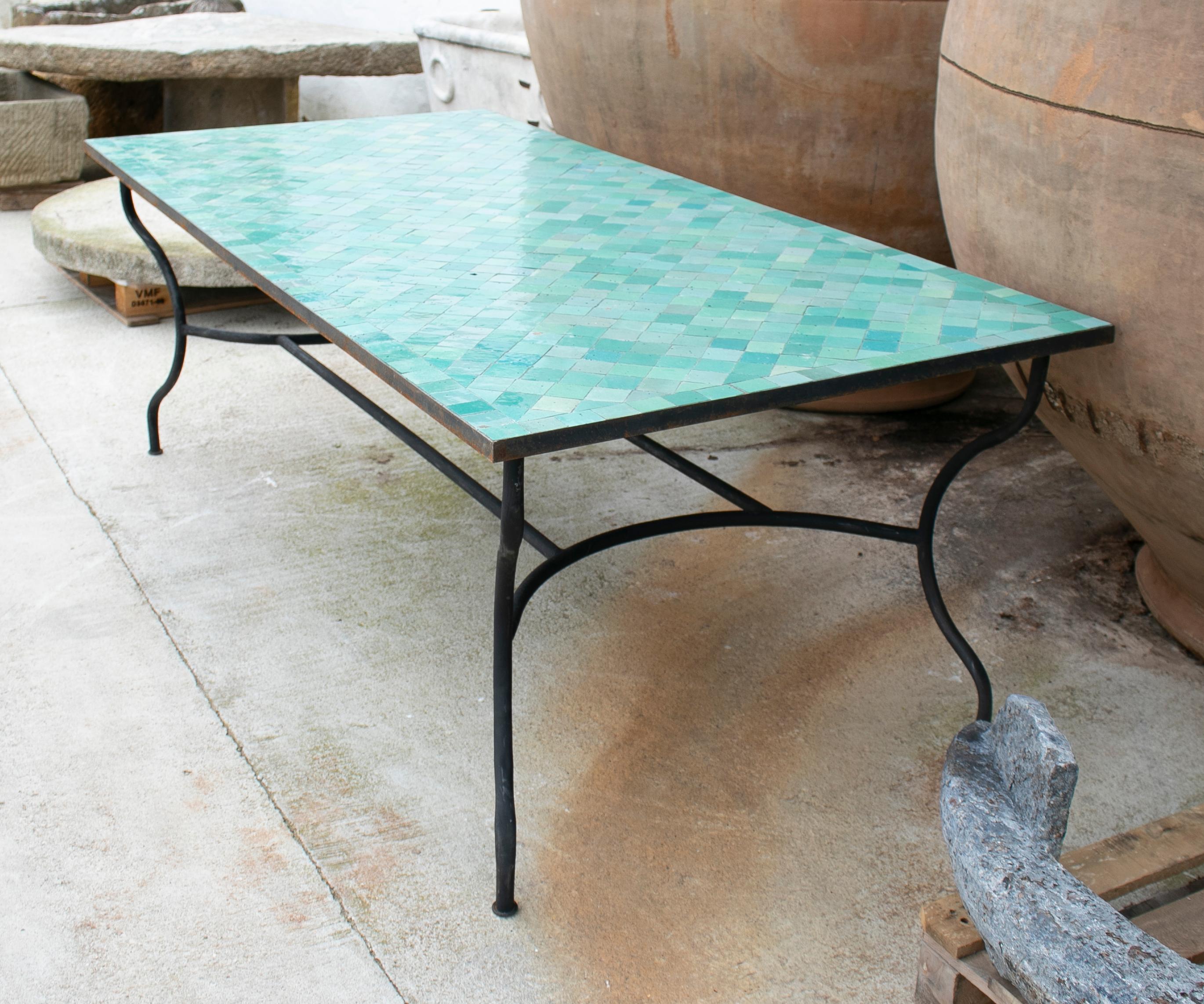 Contemporary Rectangular Spanish Green Glazed Zellige Tiled Iron Outdoor Table