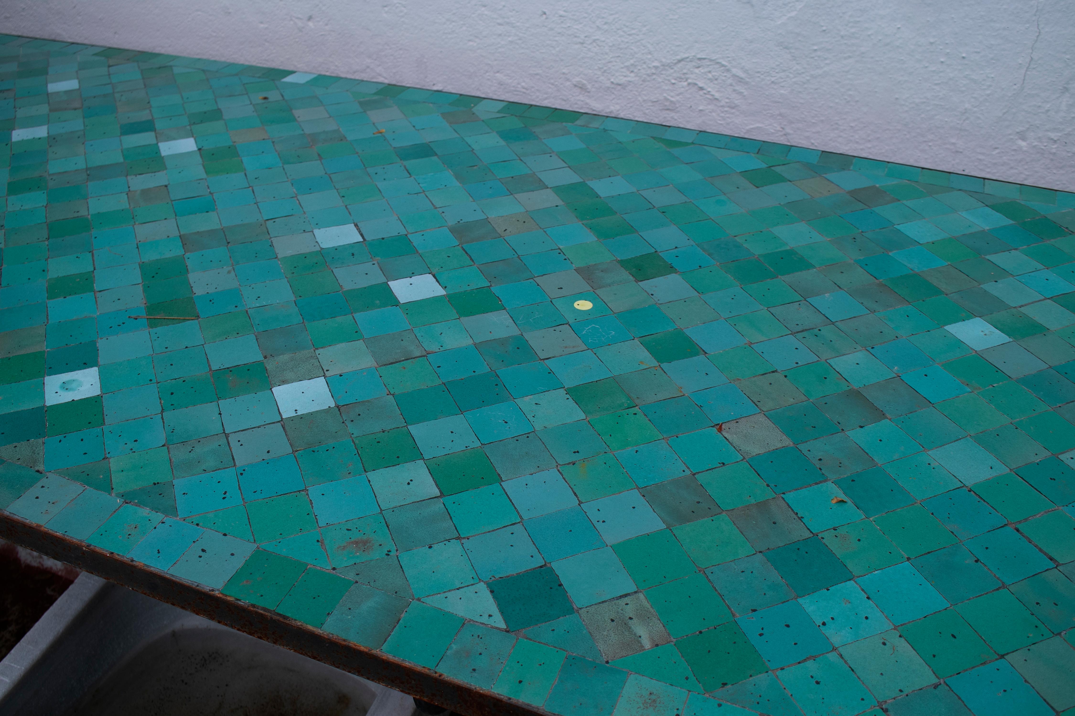 Ceramic Rectangular Spanish Green Glazed Zellige Tiled Iron Outdoor Table
