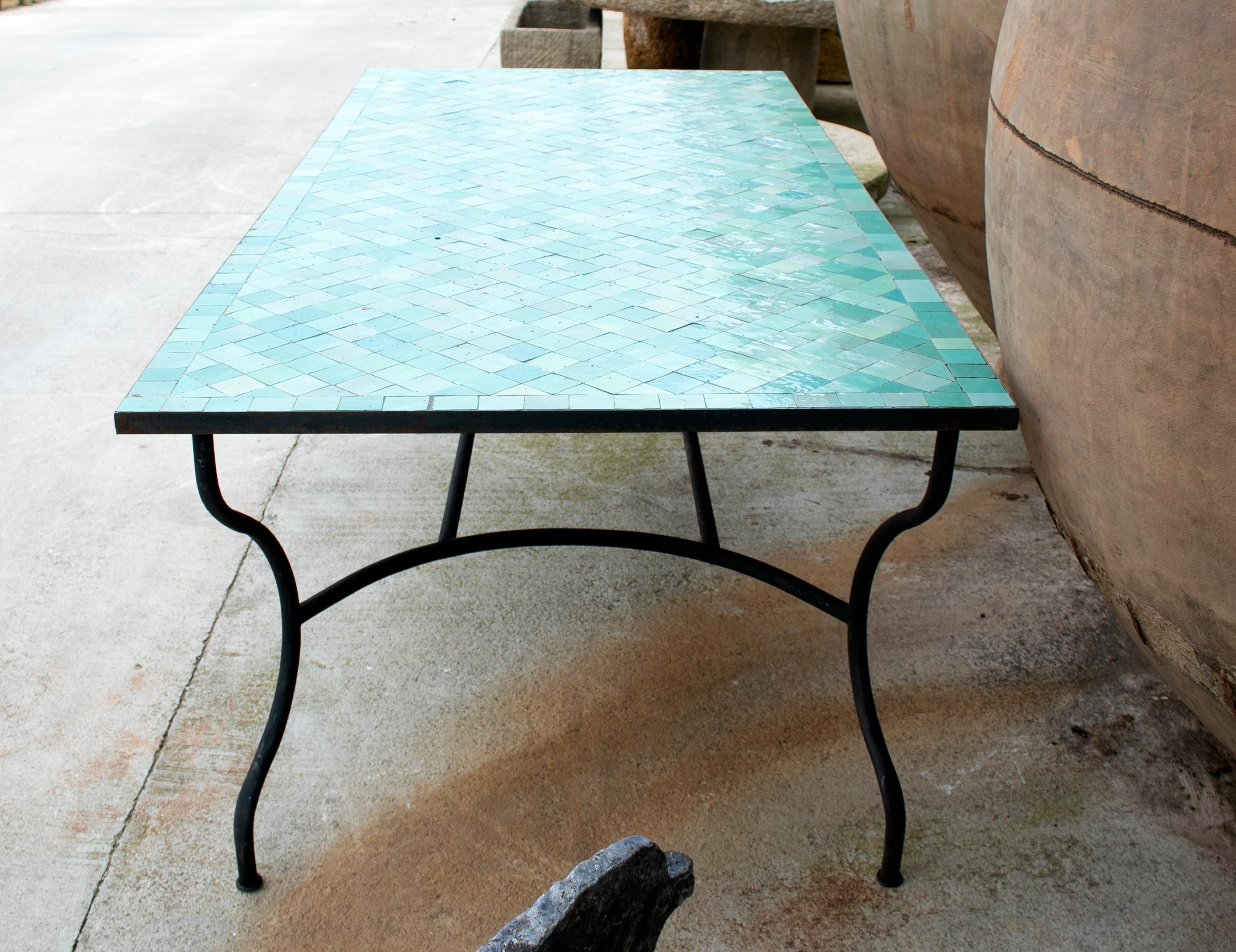 Ceramic Rectangular Spanish Green Glazed Zellige Tiled Iron Outdoor Table
