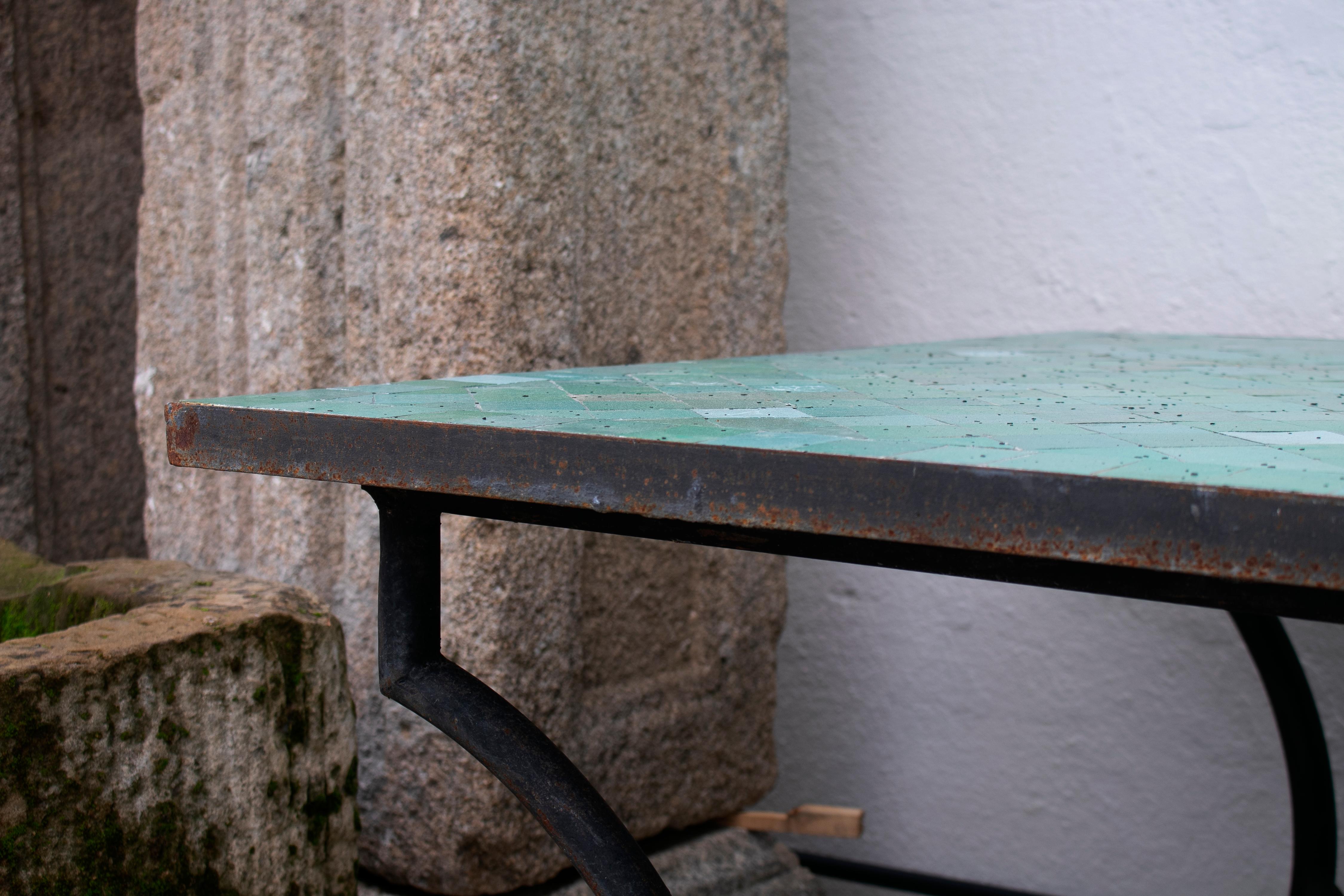 Rectangular Spanish Green Glazed Zellige Tiled Iron Outdoor Table 1