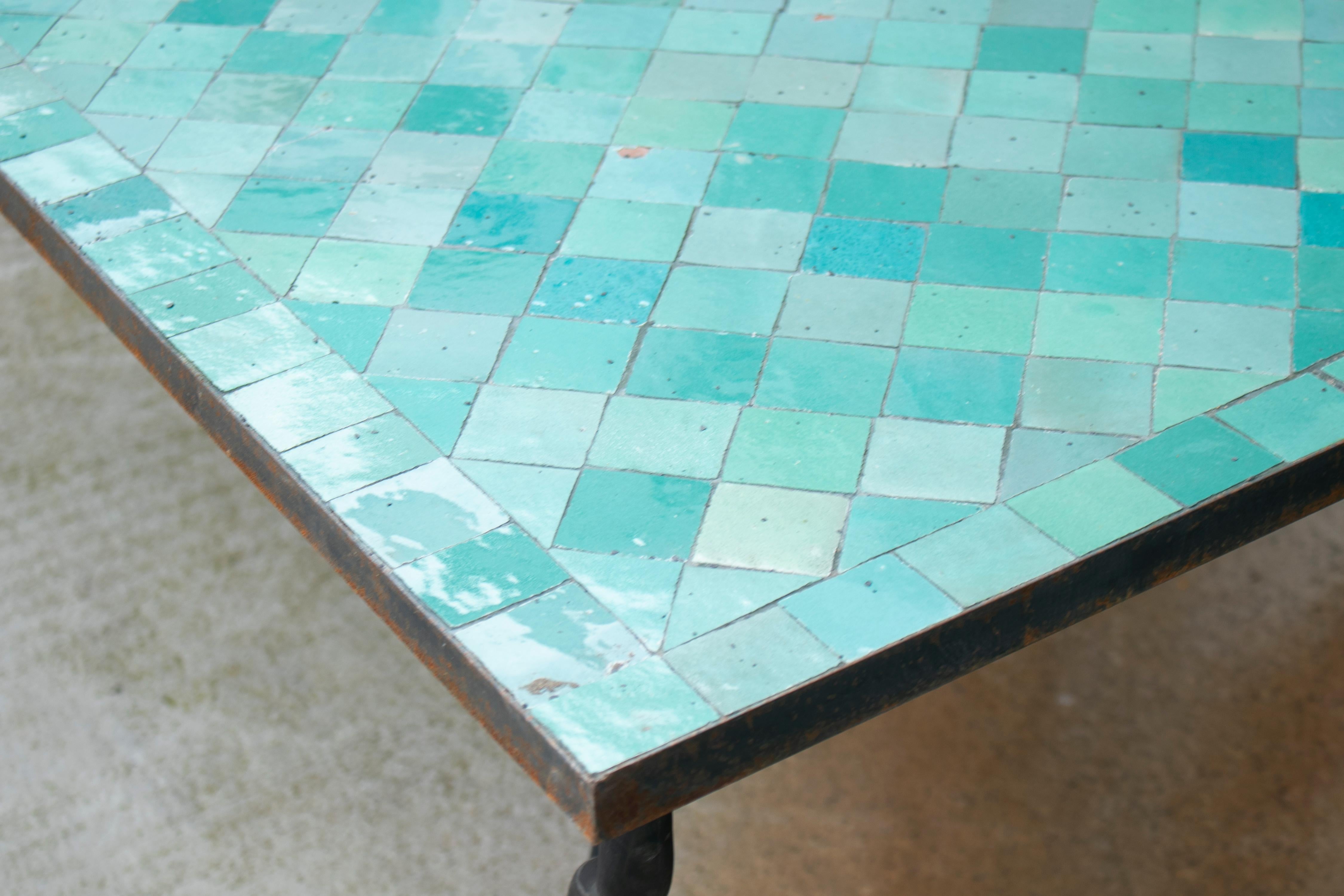 Rectangular Spanish Green Glazed Zellige Tiled Iron Outdoor Table 1
