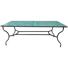 Rectangular Spanish Green Glazed Zellige Tiled Iron Outdoor Table