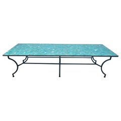 Rectangular Spanish Green Glazed Zellige Tiled Iron Outdoor Table