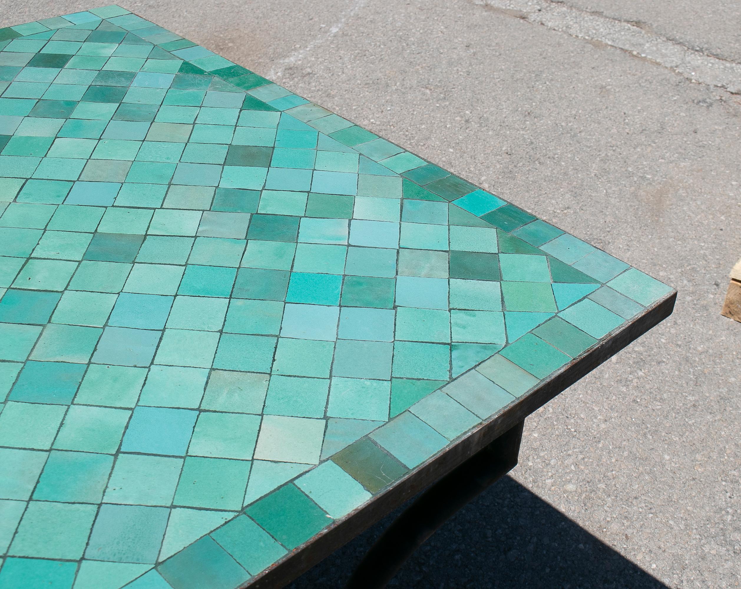 Rectangular Spanish Green Glazed Zellige Tiled Mosaic Iron Outdoor Table 4