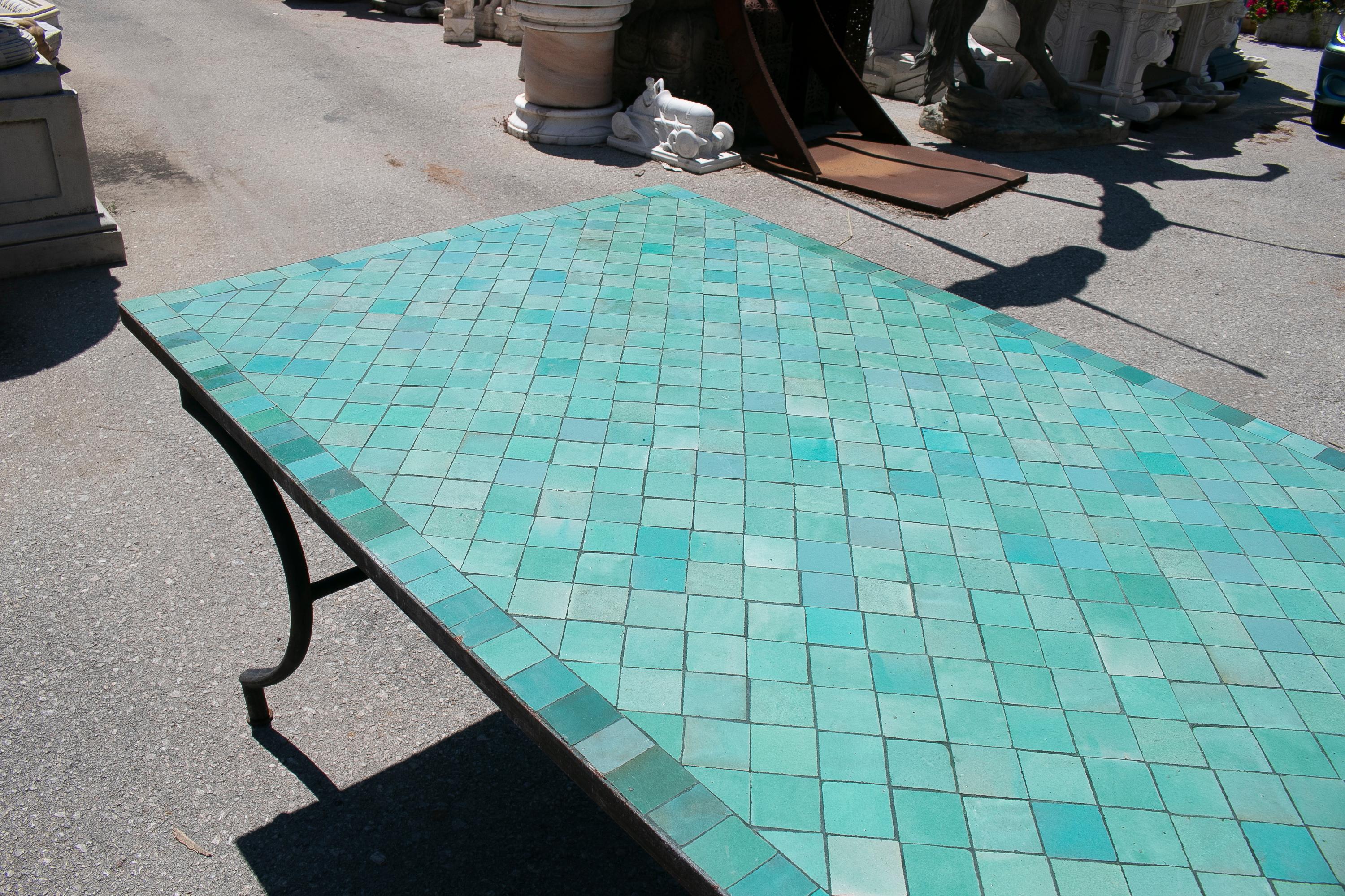 Rectangular Spanish Green Glazed Zellige Tiled Mosaic Iron Outdoor Table In Good Condition In Marbella, ES