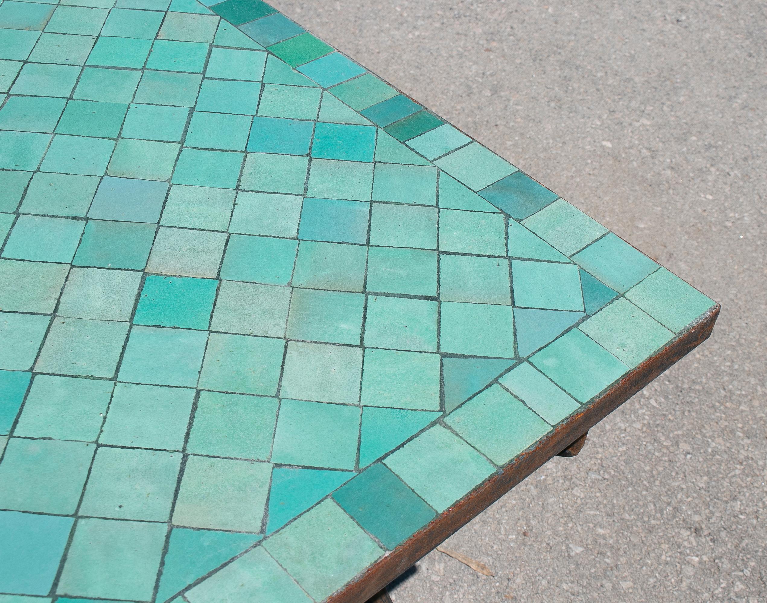 Contemporary Rectangular Spanish Green Glazed Zellige Tiled Mosaic Iron Outdoor Table