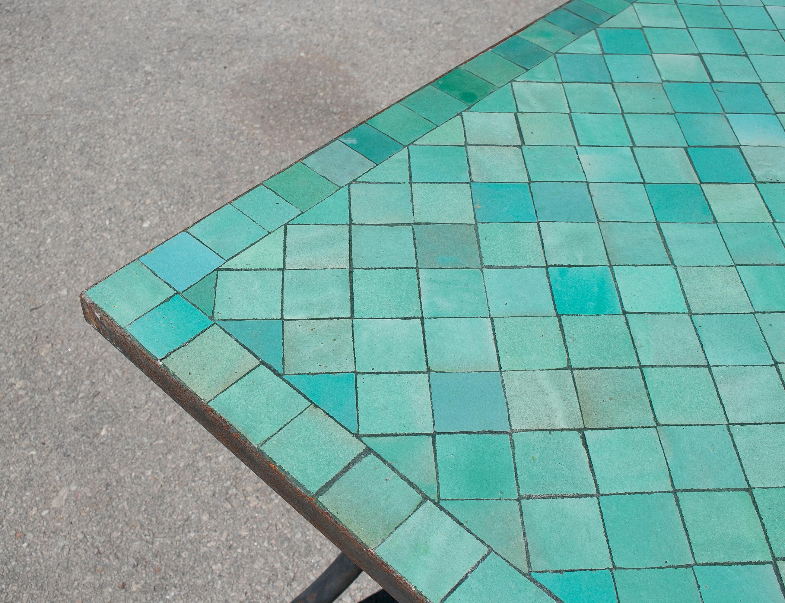 Rectangular Spanish Green Glazed Zellige Tiled Mosaic Iron Outdoor Table 1