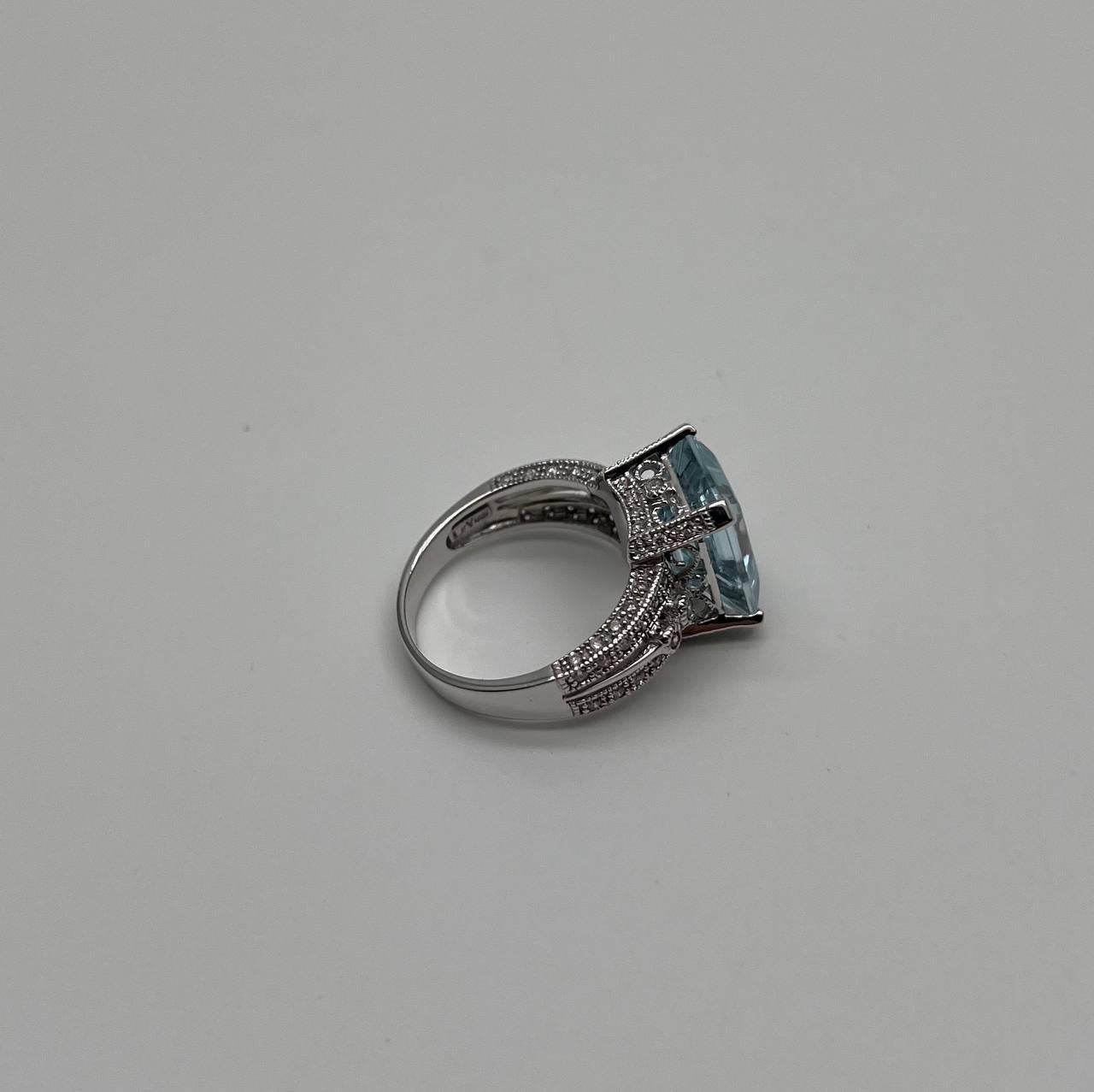 Rectangular Step Cut Blue Topaz White Diamonds 14K White Gold Statement Ring For Sale 6