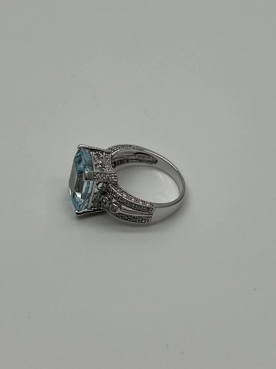 Rectangular Step Cut Blue Topaz White Diamonds 14K White Gold Statement Ring For Sale 7