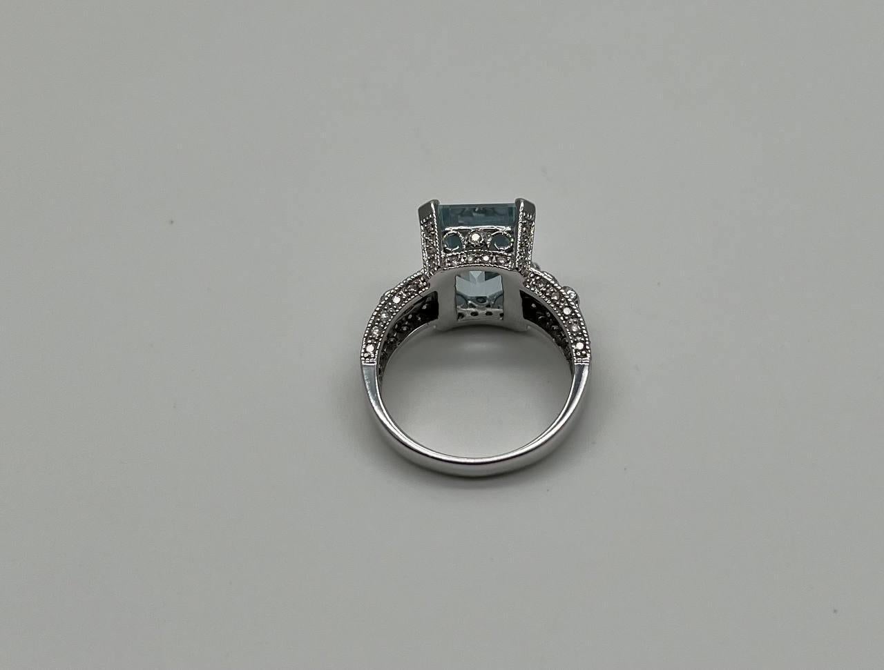 Rectangular Step Cut Blue Topaz White Diamonds 14K White Gold Statement Ring For Sale 8