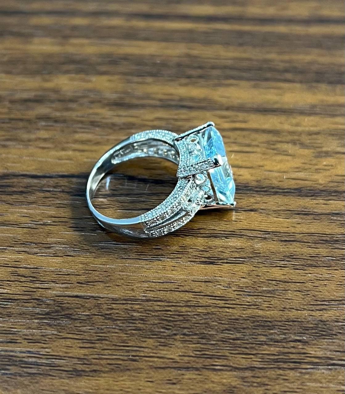 Emerald Cut Rectangular Step Cut Blue Topaz White Diamonds 14K White Gold Statement Ring For Sale