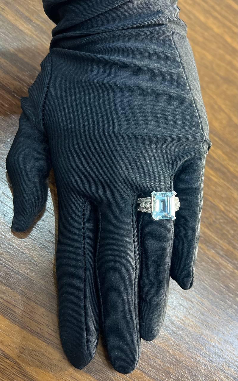 Rectangular Step Cut Blue Topaz White Diamonds 14K White Gold Statement Ring For Sale 1