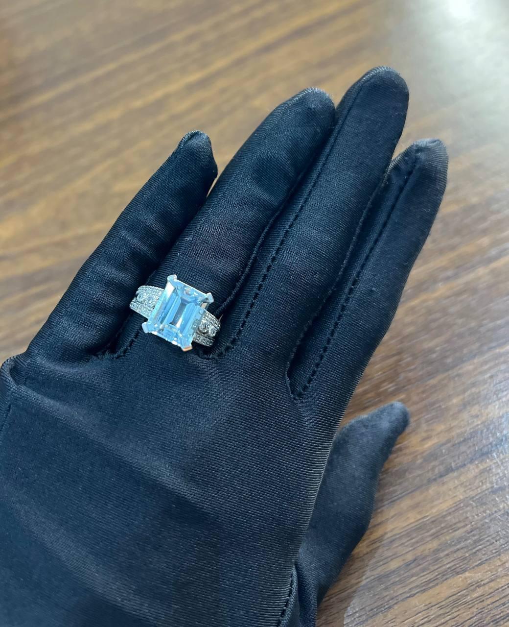 Rectangular Step Cut Blue Topaz White Diamonds 14K White Gold Statement Ring For Sale 2