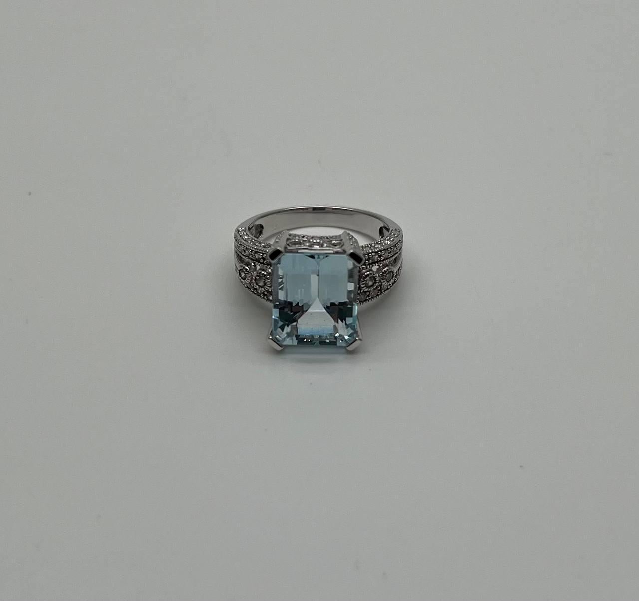 Rectangular Step Cut Blue Topaz White Diamonds 14K White Gold Statement Ring For Sale 3
