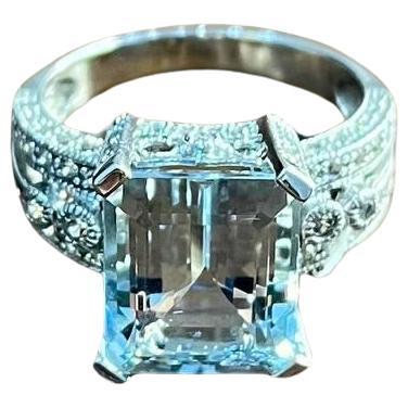 Rectangular Step Cut Blue Topaz White Diamonds 14K White Gold Statement Ring